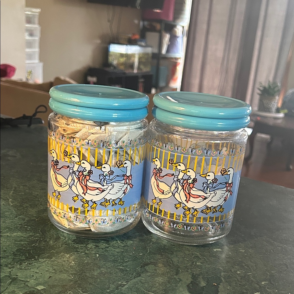 Decorative B&D blue ribbon glass jars with geese